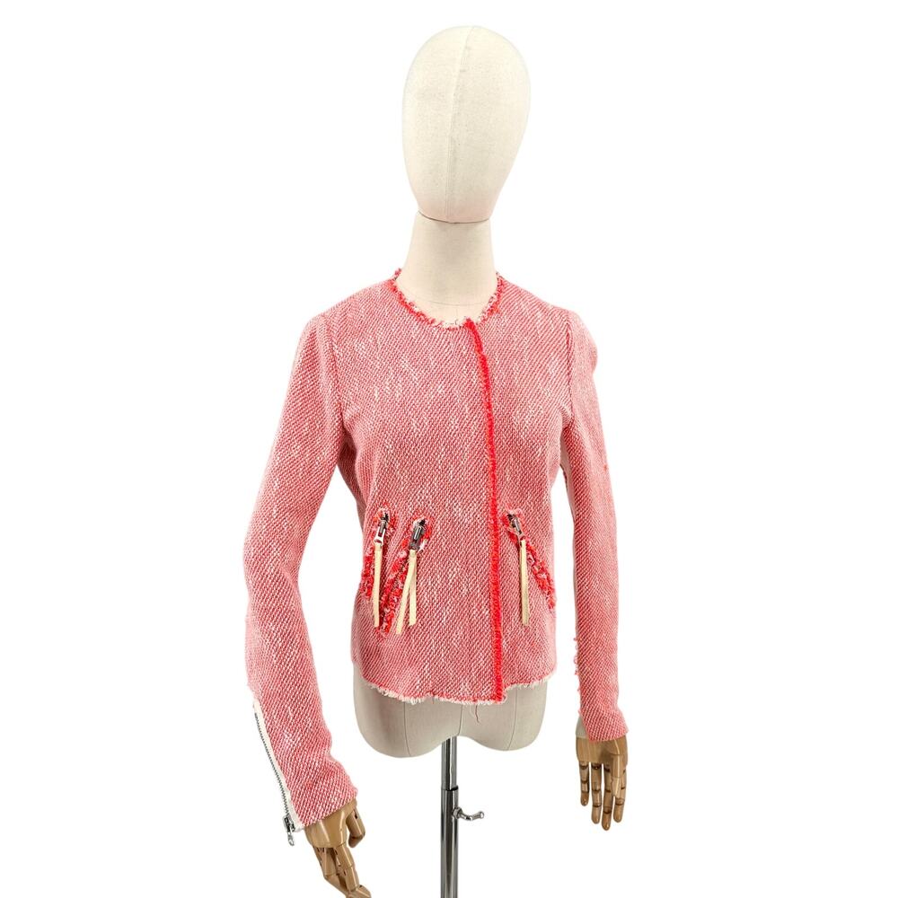 Rebecca Taylor Neon Red White Tweed Neon Fringe Moto Zipper Jacket